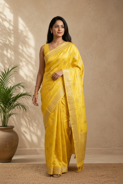Woman wearing a yellow saree standing against a beige wall with a plant to her left.