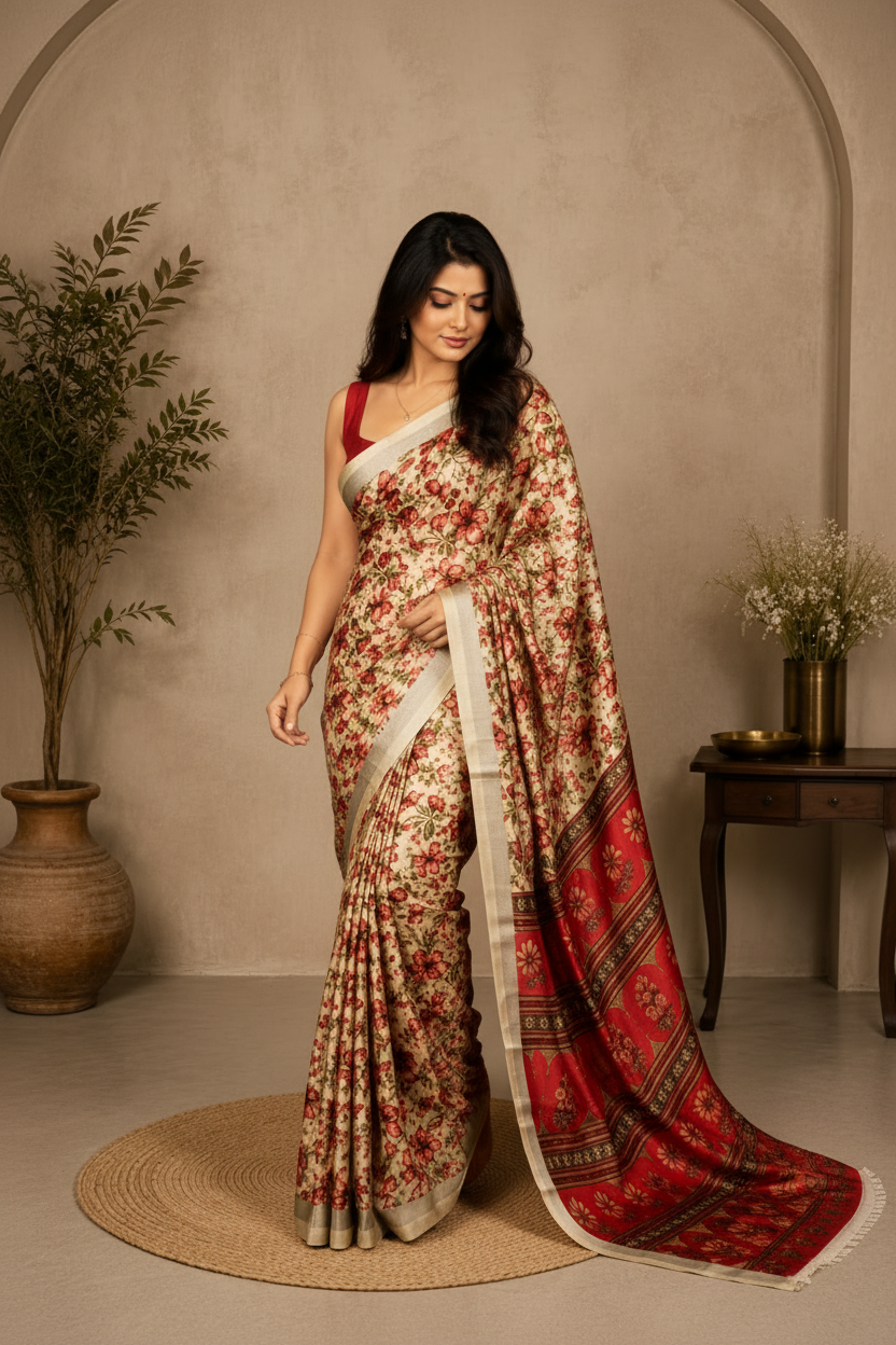 A woman models a traditional Indian saree in a styled indoor setting with arches, potted plants, and a side table. The saree features a beige base with a red and green floral pattern and a prominent red border with gold detailing.