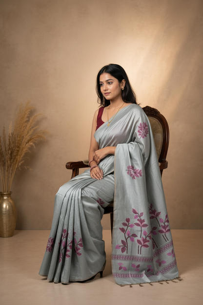 Woman in a light gray saree with floral patterns sitting on a chair against a beige background.