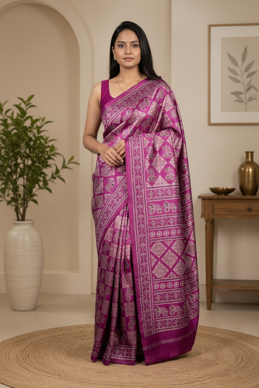 Woman wearing a pink saree with a pattern in a room with a plant and wooden table.