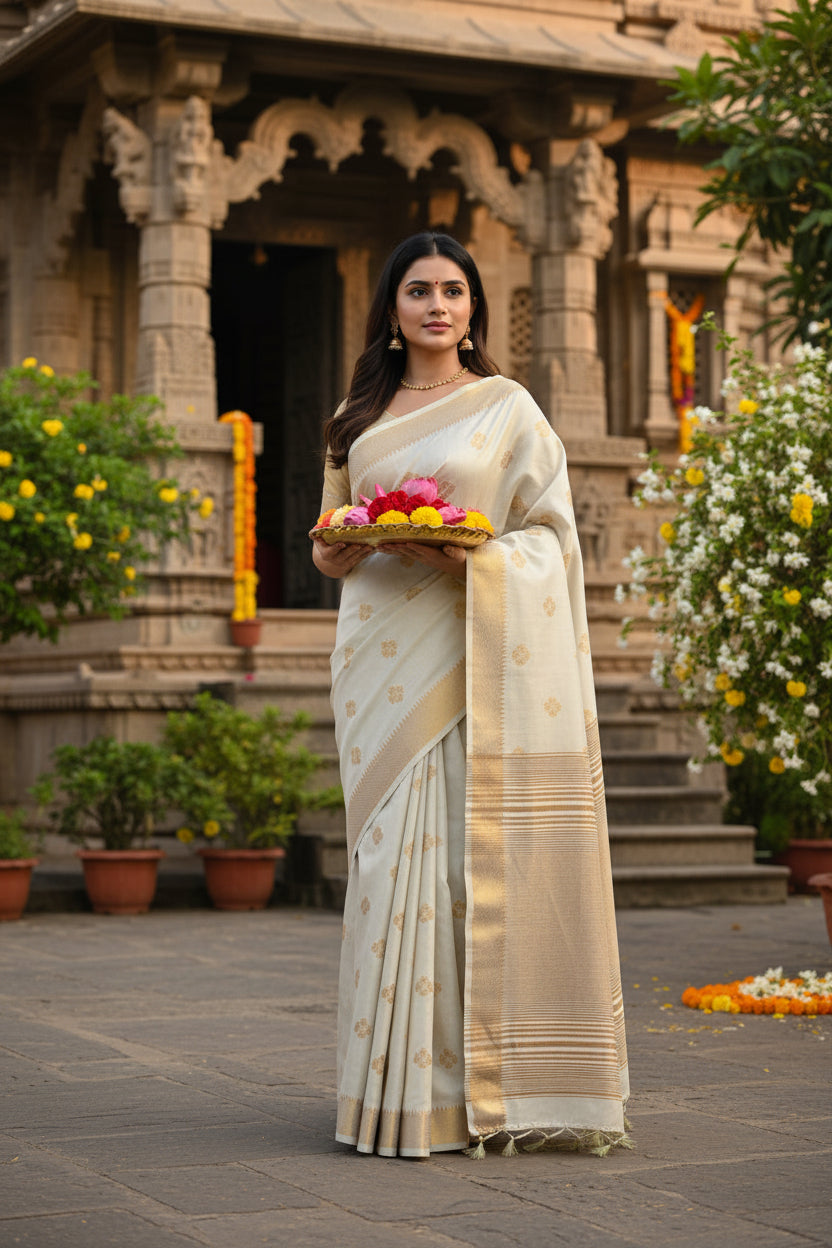 Woman in a traditional saree standing in front of an architectural structure with floral decorations.