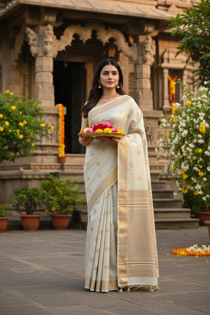 Woman in a traditional saree standing in front of an architectural structure with floral decorations.