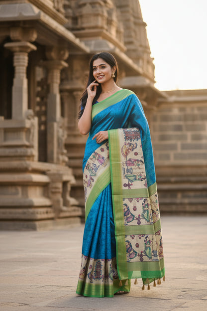 Woman in a blue and green saree standing in front of an architectural structure.