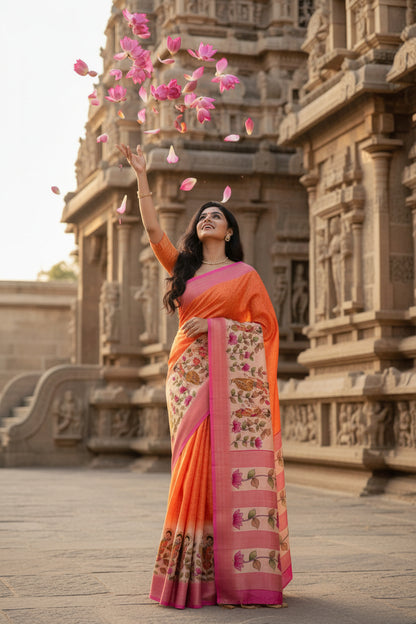 Woman in an orange and pink saree standing in front of a temple.