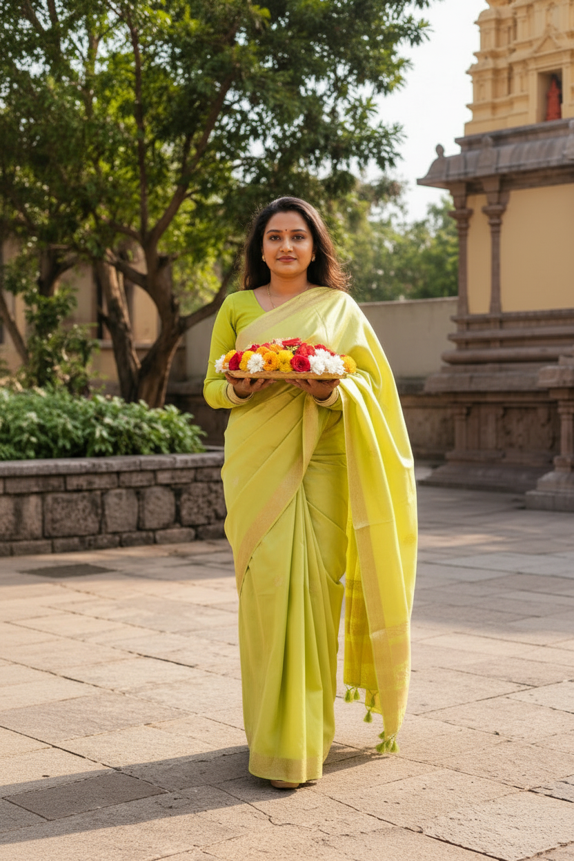A woman wearing a light yellow-green silk saree with a gold border walks outdoors on a stone pathway in front of a temple building.