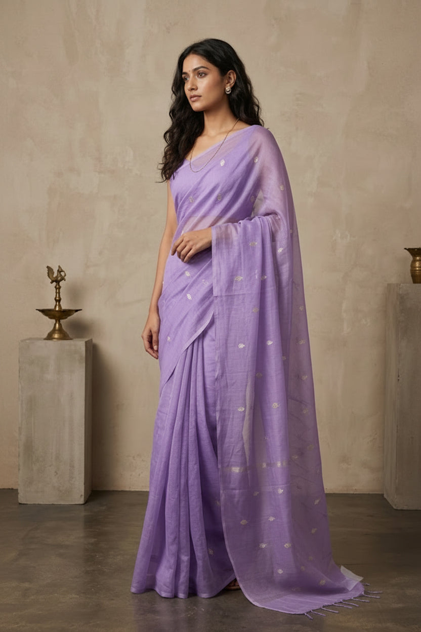 Woman wearing a purple saree with a beige background