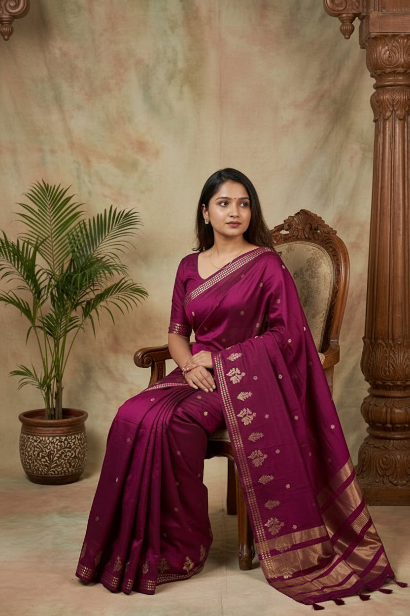 Woman in a magenta saree sitting on a wooden chair with a decorative background