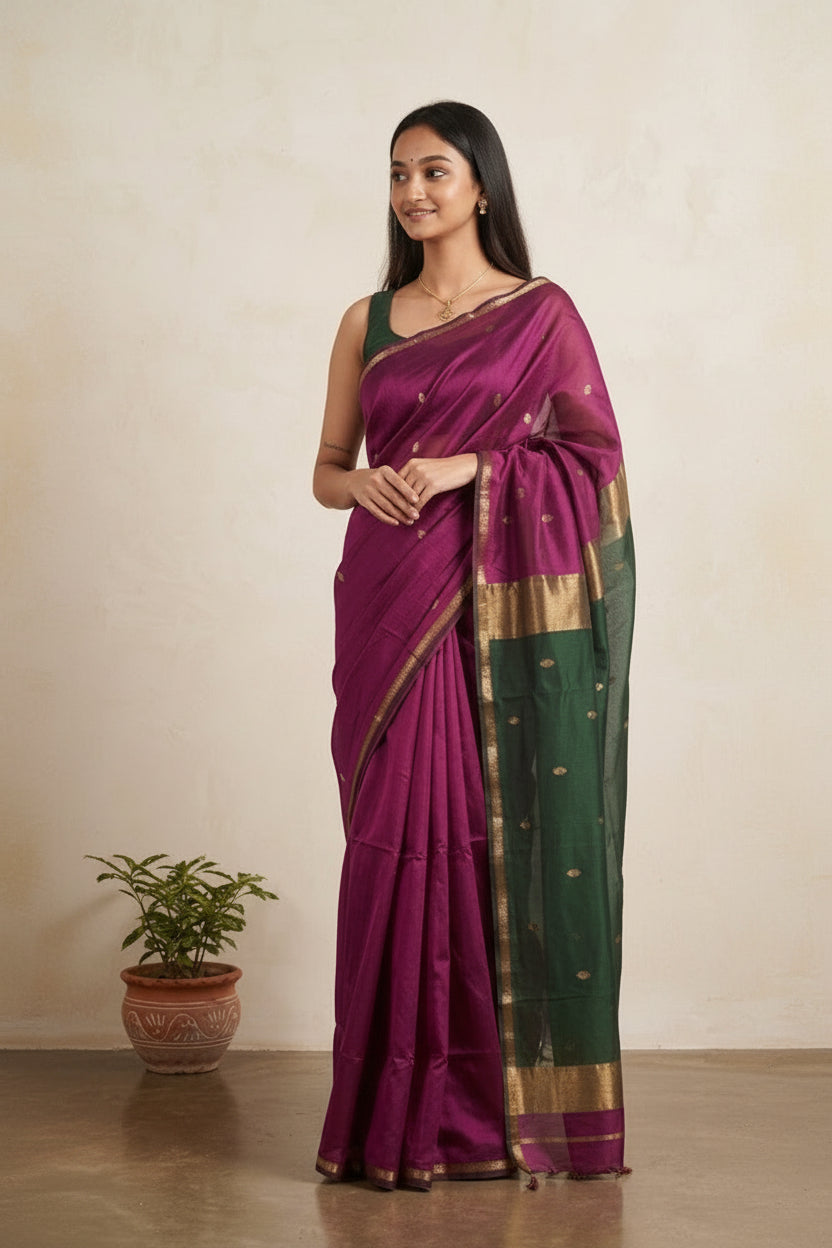 Woman wearing a purple and green saree with a neutral background
