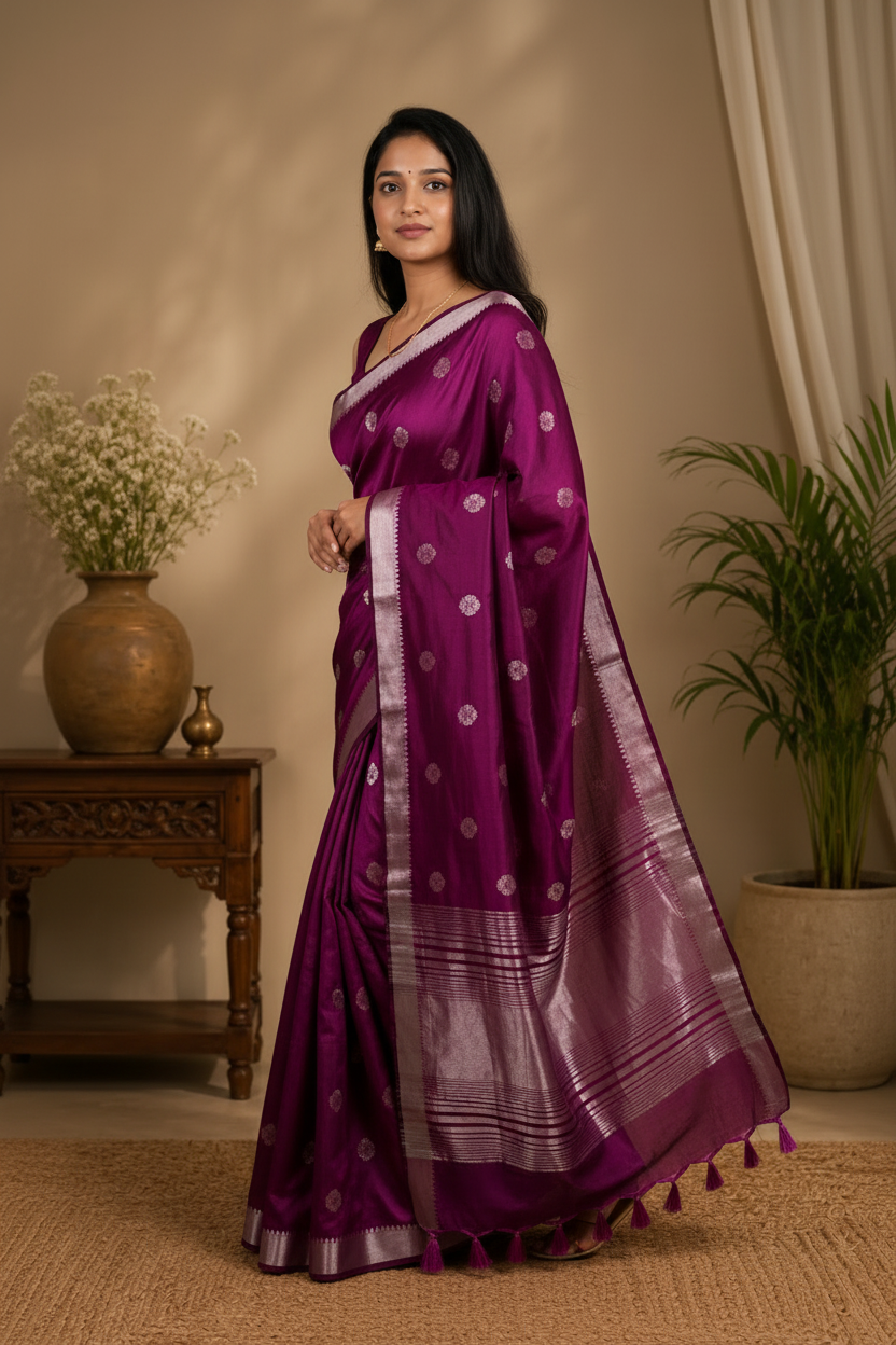 Woman wearing a wine saree with a white border in a room with plants and a wooden table.