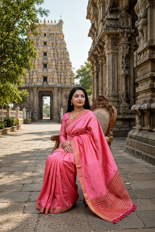 A woman wearing a bright pink saree with a gold border sits on a carved wooden chair in front of an ancient stone temple, with the temple gopuram visible in the background.