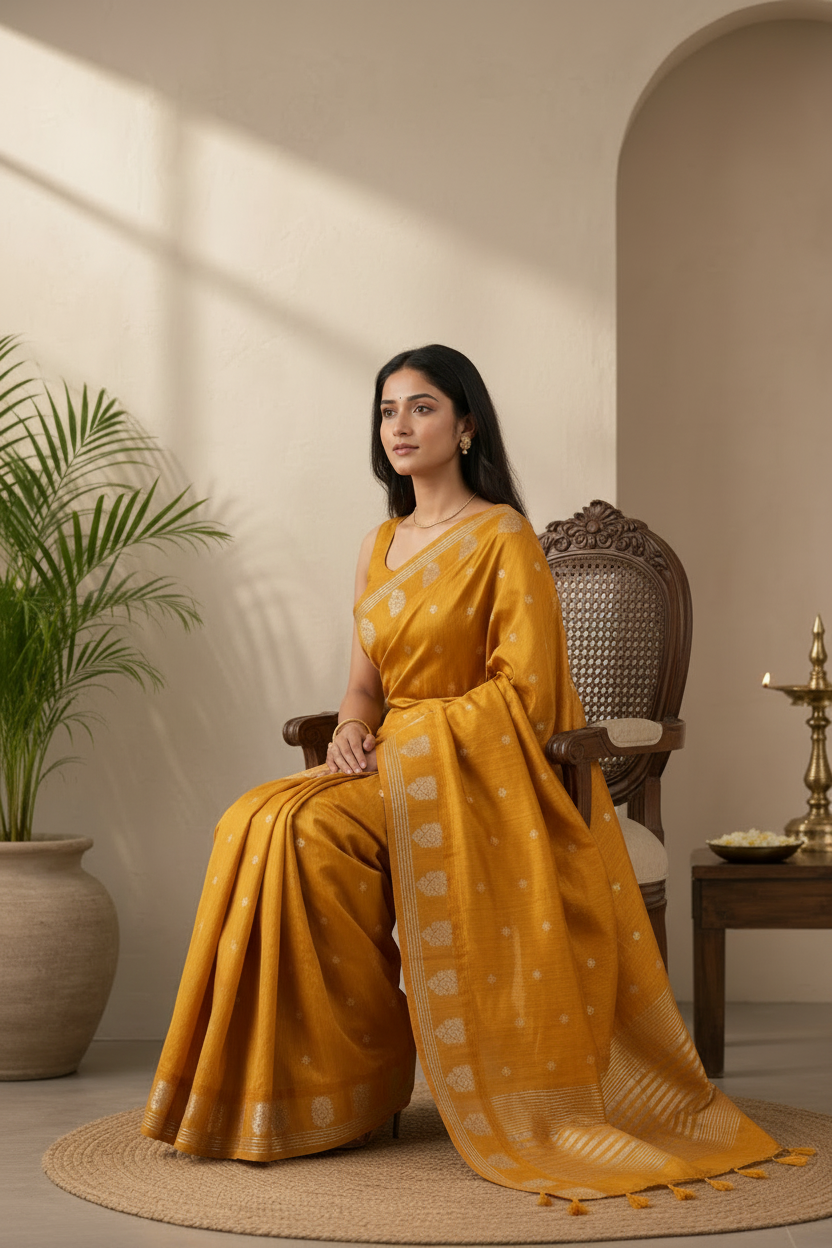 Woman in a yellow saree sitting on a chair in a well-lit room with a plant and decorative items.