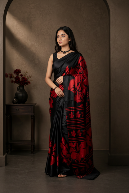 A woman modeling a black and red patterned saree in a dimly lit, elegant room with a textured brown wall and a side table with a vase.