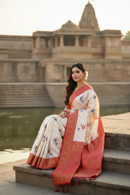 Woman in a traditional saree standing in front of an ancient temple.