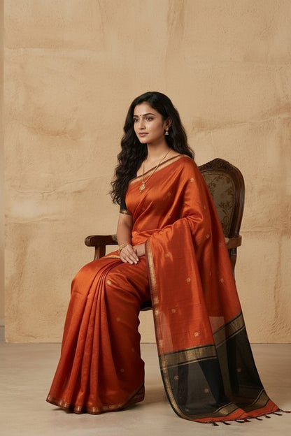 Woman wearing a traditional orange saree with a beige background