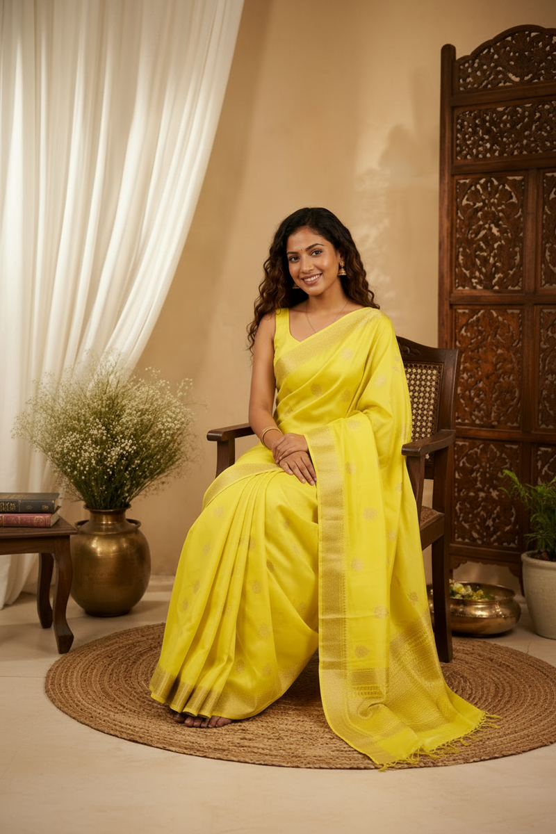 Classic Yellow Raw Silk Saree with Designer Tassels | Occasion Wear