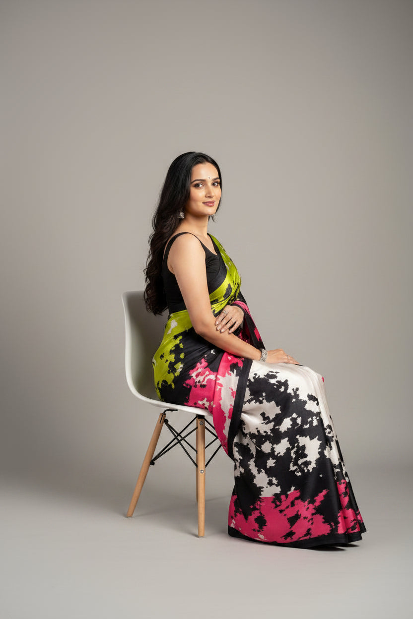 Woman wearing a colorful saree with a gradient design on a plain background