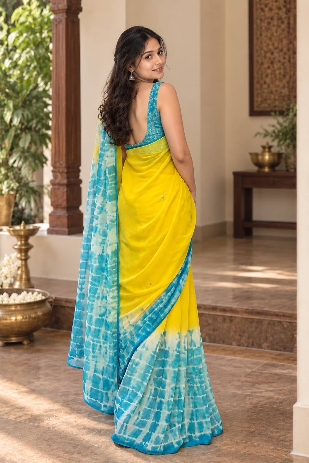 Contemporary Party Wear Chiffon Shibori Saree with Foil Mirror Detailing