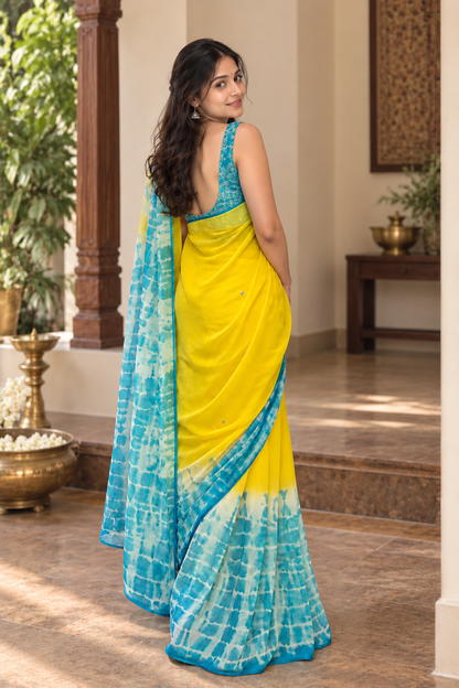 Contemporary Party Wear Chiffon Shibori Saree with Foil Mirror Detailing
