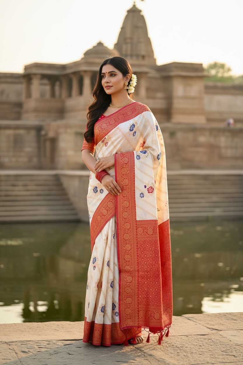 Saree with red and beige pattern on a white background