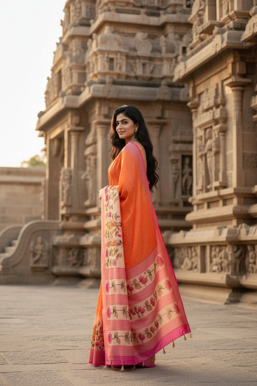 Woman in an orange and pink saree standing in front of a temple.