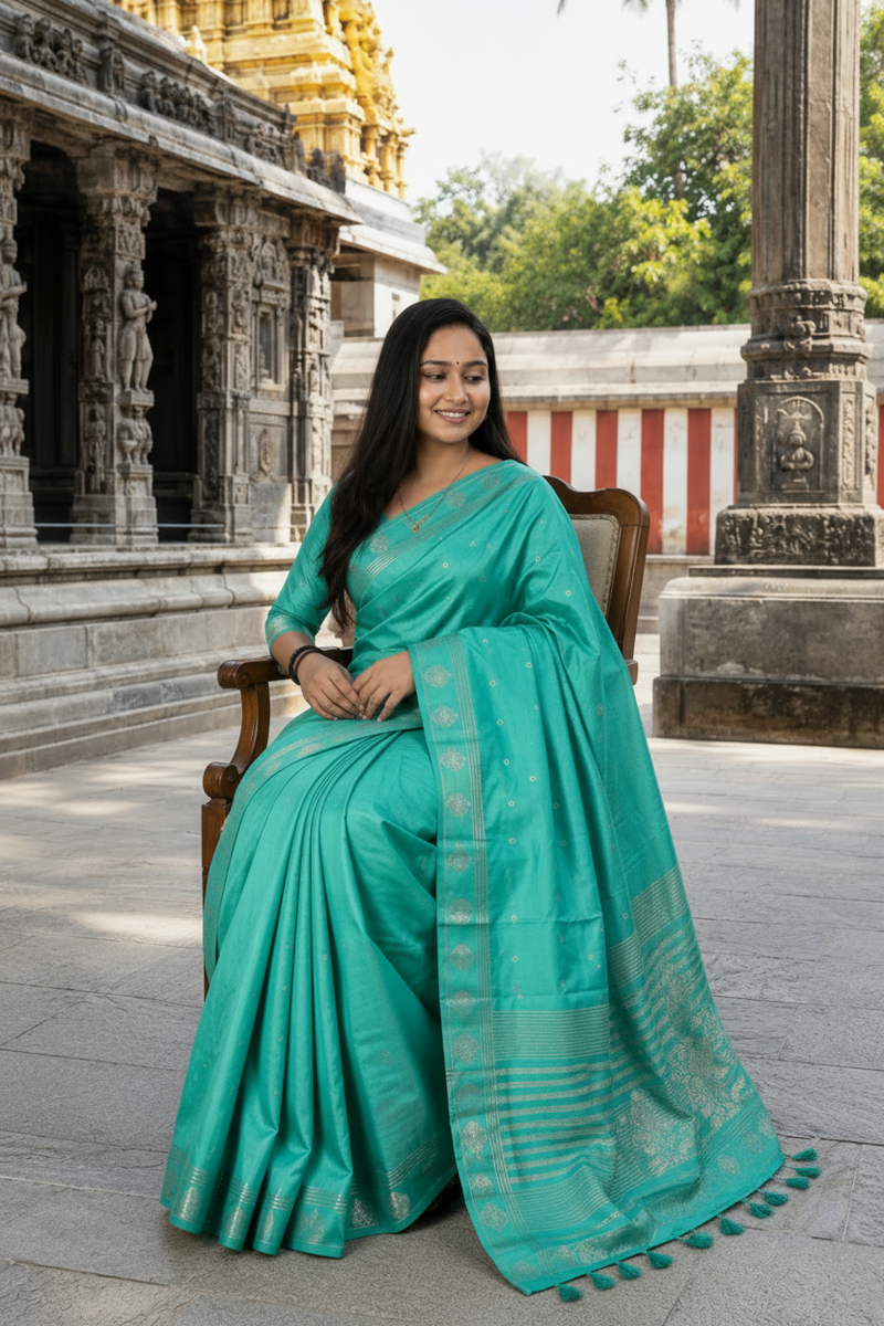 A woman wearing a teal green silk saree with gold zari patterns sits on a wooden chair in front of a historic temple building.