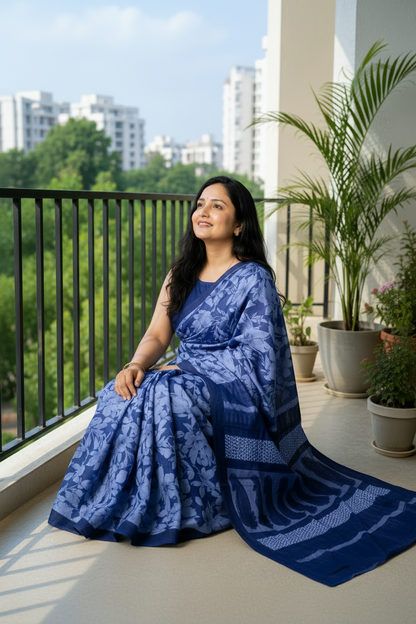 A woman wearing a blue patterned saree and matching sleeveless blouse stands on a balcony with green trees and potted plants in the background.