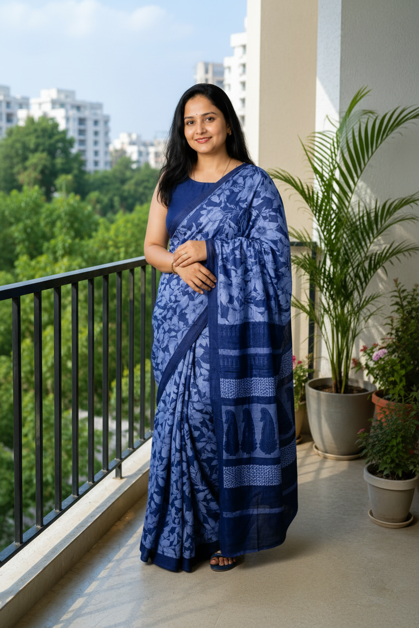 A woman wearing a blue patterned saree and matching sleeveless blouse stands on a balcony with green trees and potted plants in the background.