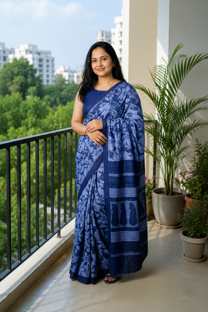 A woman wearing a blue patterned saree and matching sleeveless blouse stands on a balcony with green trees and potted plants in the background.