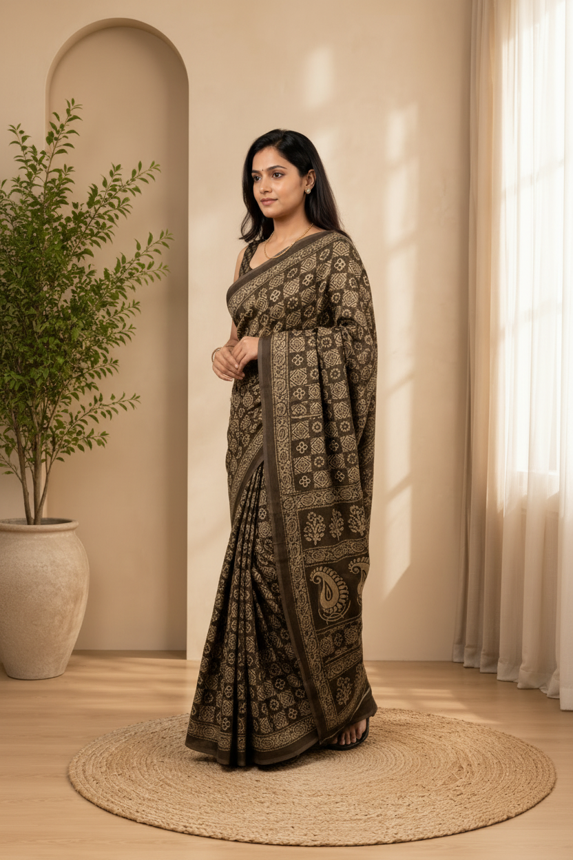 Woman wearing a traditional saree in a well-lit room with a plant and curtain in the background.