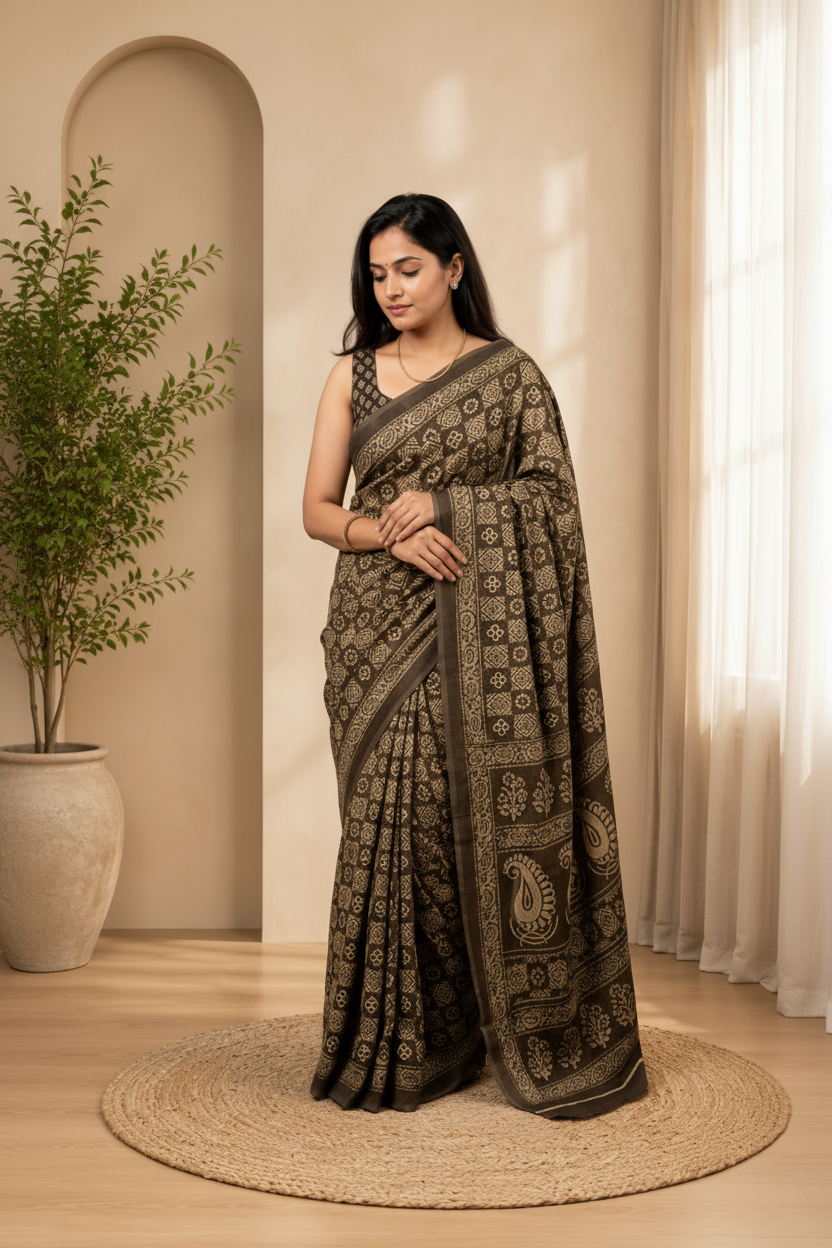 Woman in a traditional saree standing in a well-lit room with a plant and curtain in the background.