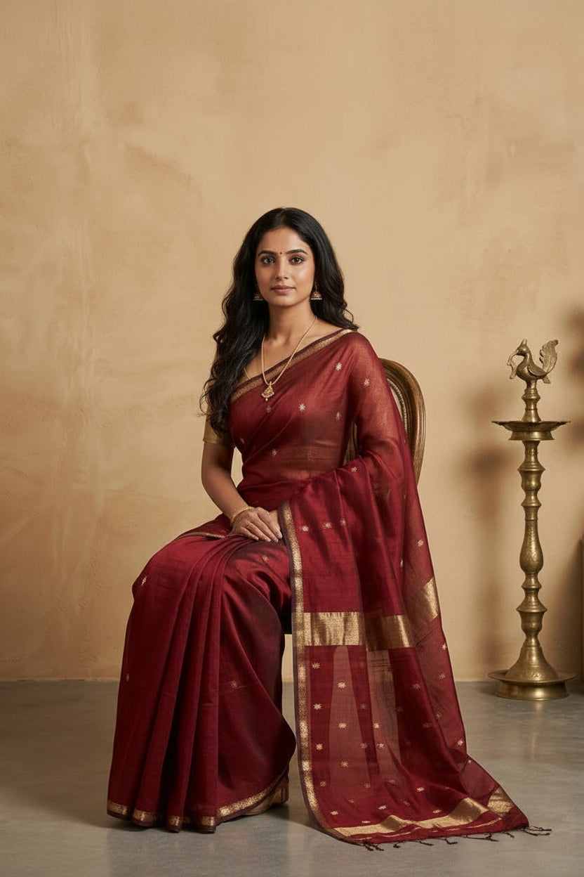 Woman wearing a maroon saree with gold border against a beige background