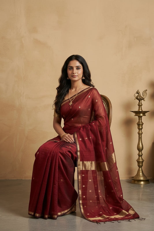 Woman wearing a maroon saree with gold border against a beige background