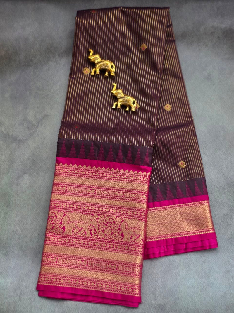 Deep Snuff Brown Premium Semi Gadwal Saree with Pink Contrast