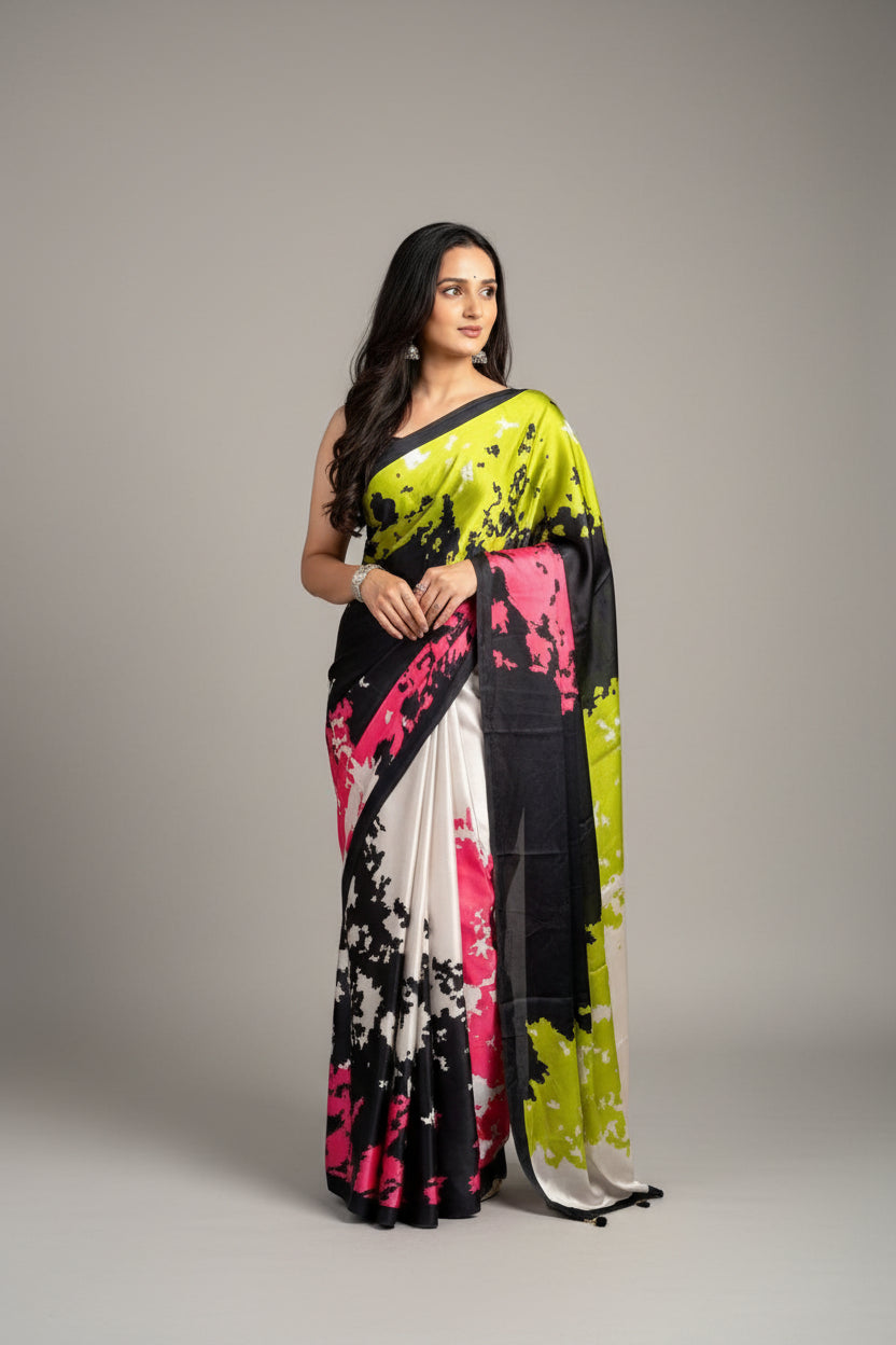 Woman wearing a colorful saree with a natural background