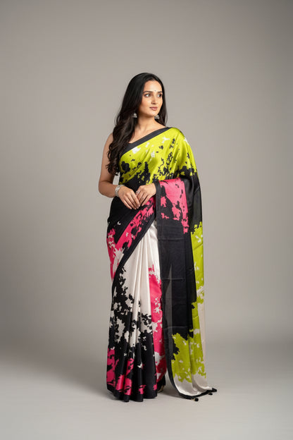 Woman wearing a colorful saree with a natural background