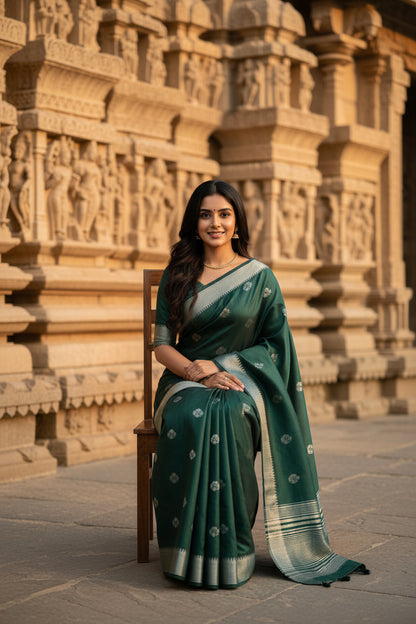 Emerald Green Raw Silk Saree with Silver Zari Border & Traditional Motifs