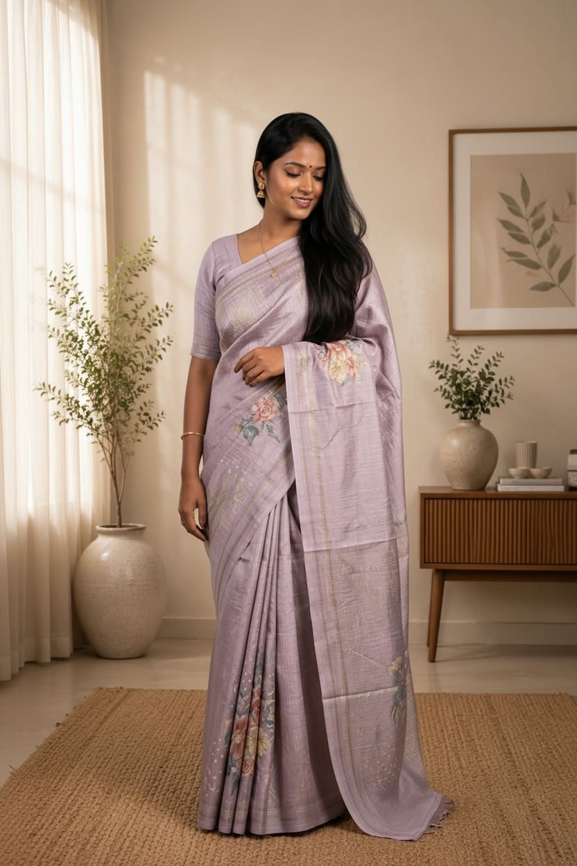 Woman in a lavender saree standing in a room with decorative elements.