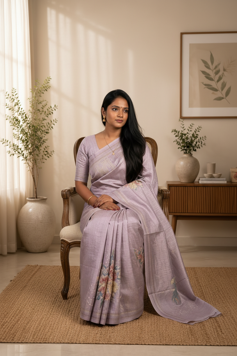 Woman in a light purple saree sitting in a room with decor elements.