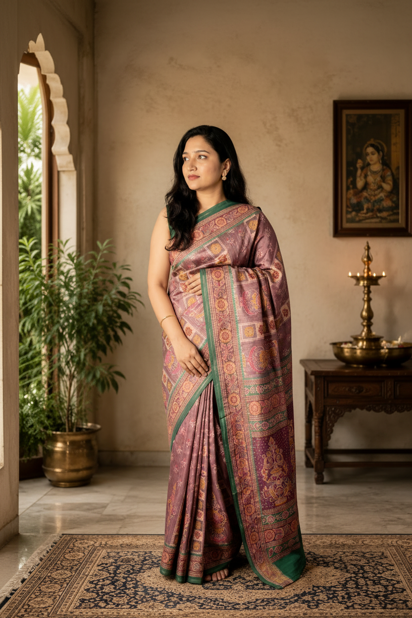Woman in a patterned saree standing in a room with decor elements.