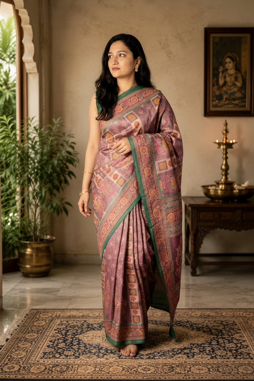Woman in a traditional saree standing in a room with decor elements.