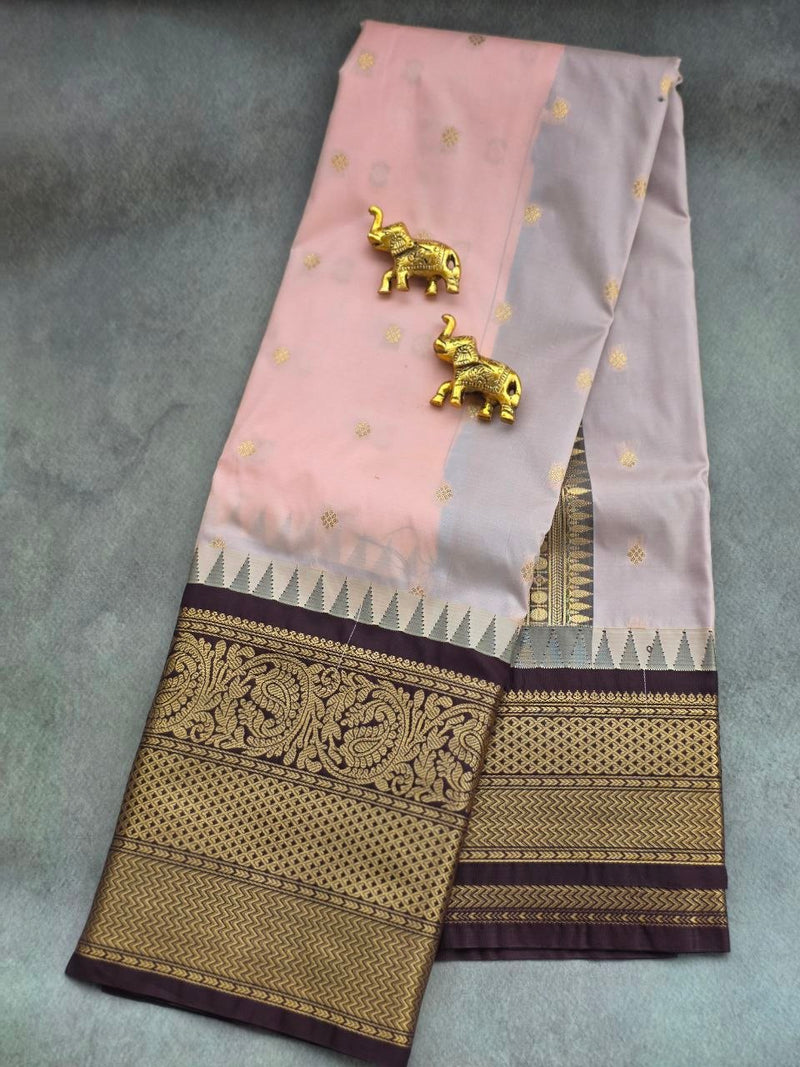 Dusty Rose Premium Semi Gadwal Saree with Rich Brown Contrast