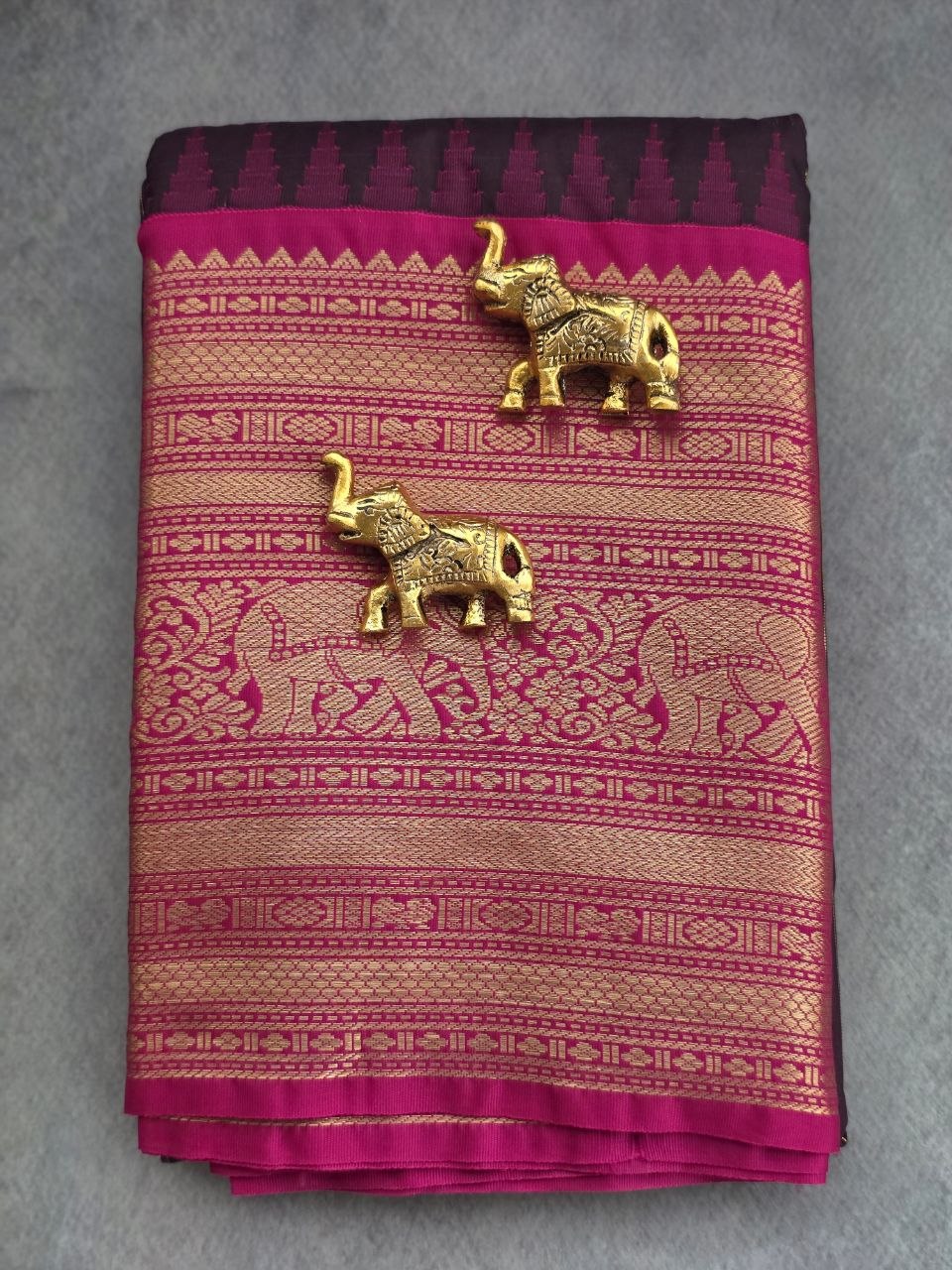 Earth & Bloom Premium Semi Gadwal Saree – Deep Snuff Brown & Pink