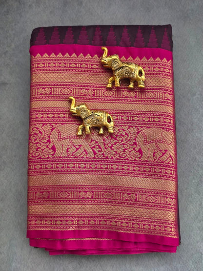 Earth & Bloom Premium Semi Gadwal Saree – Deep Snuff Brown & Pink