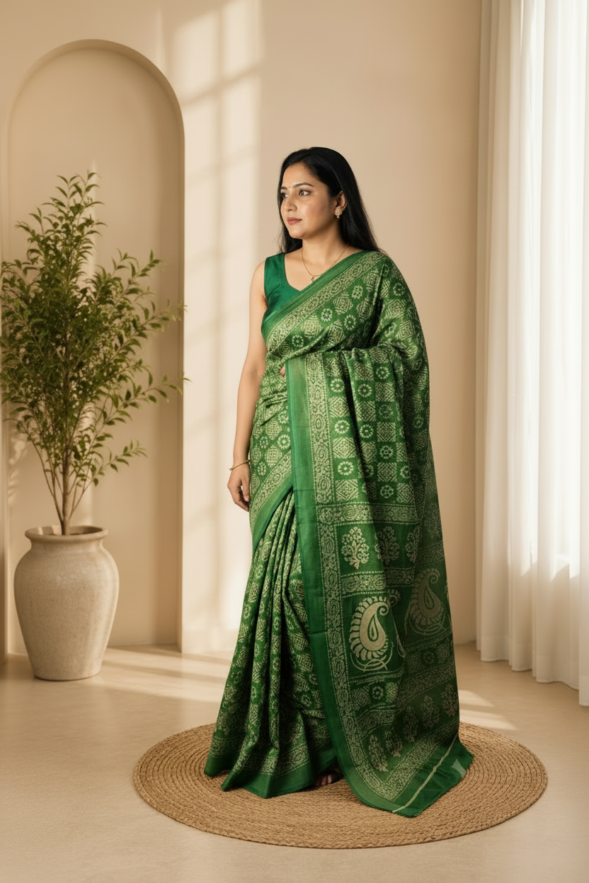 Woman in a green saree standing in a bright room with a plant and rug.