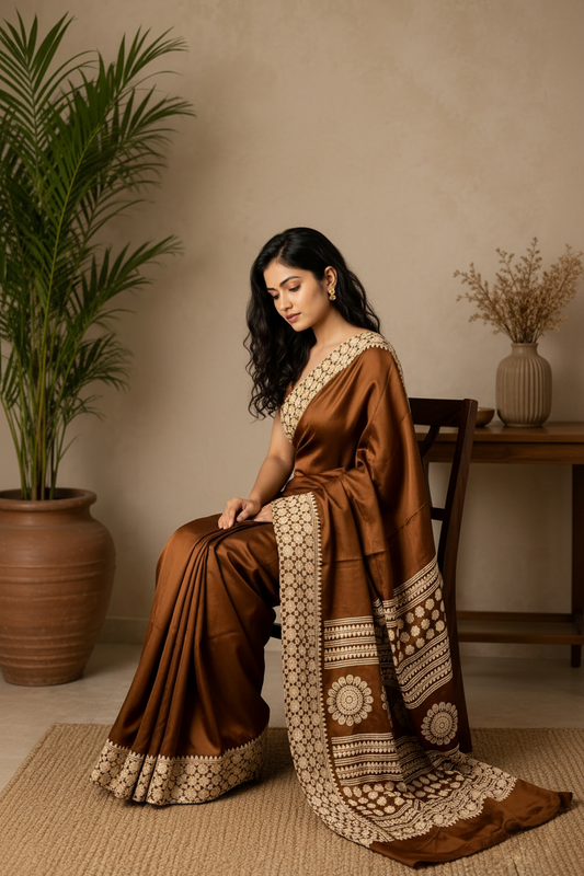 Woman in a brown saree with intricate patterns sitting indoors.