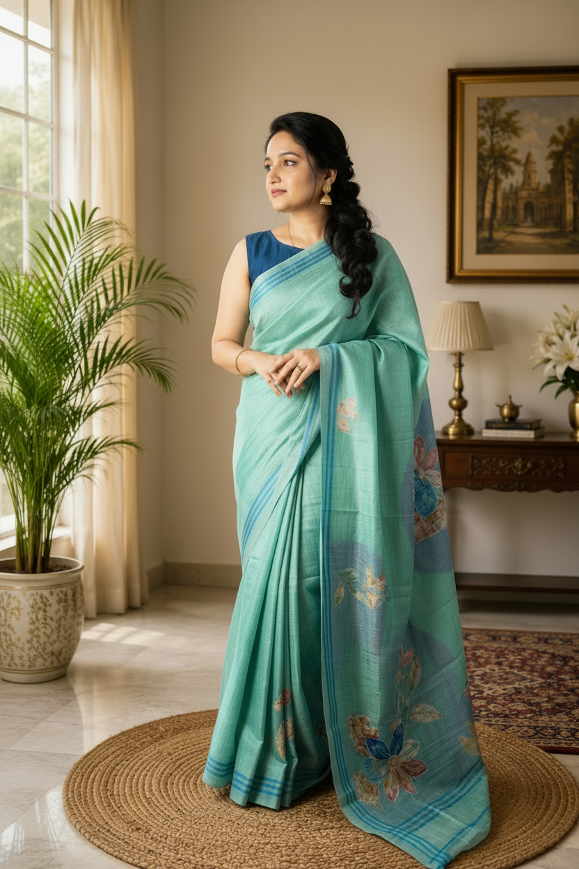 Woman in a light blue saree with a floral pattern standing in a room with a plant and lamp.