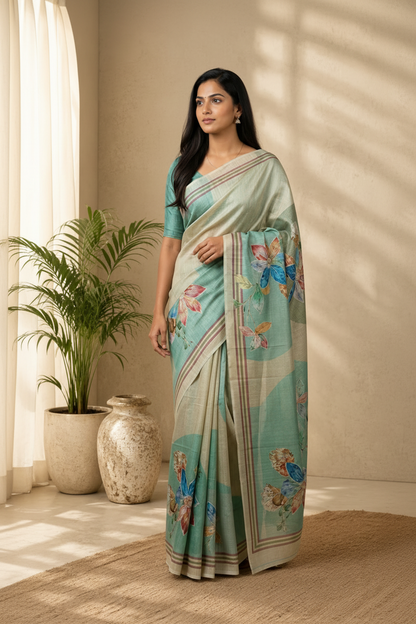 Woman wearing a light green saree with floral patterns in a room with plants and a vase.
