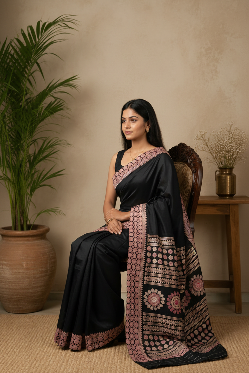 Woman in a black saree with pink patterns sitting on a chair against a beige wall.