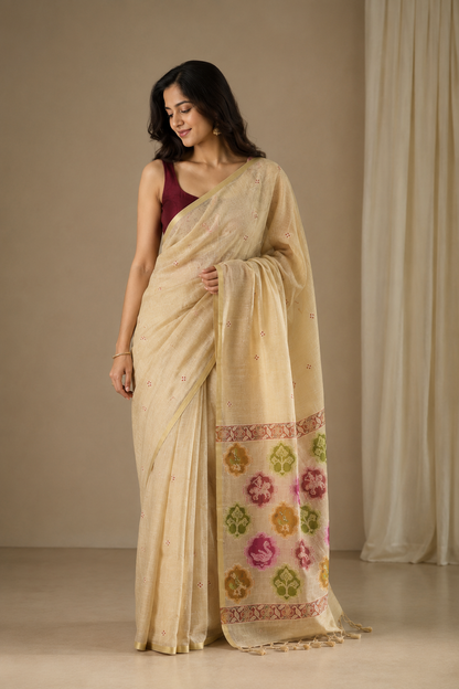 Elegant Beige Malabar Linen Saree | Golden Border