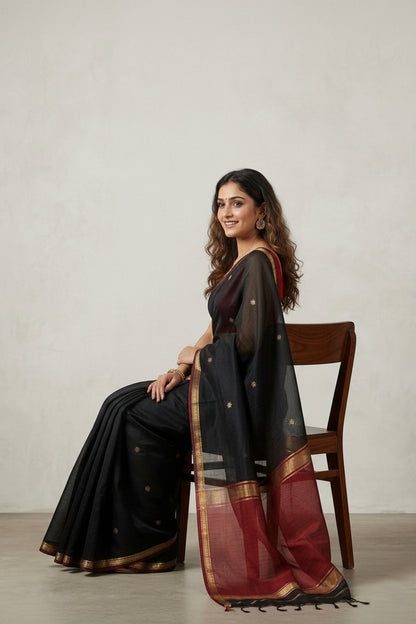 Woman wearing a black saree with gold and red accents on a plain background